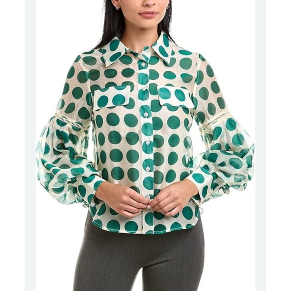 GRACIA‎ Women's Top SMALL Sheer Polka Green Button Front Blouse